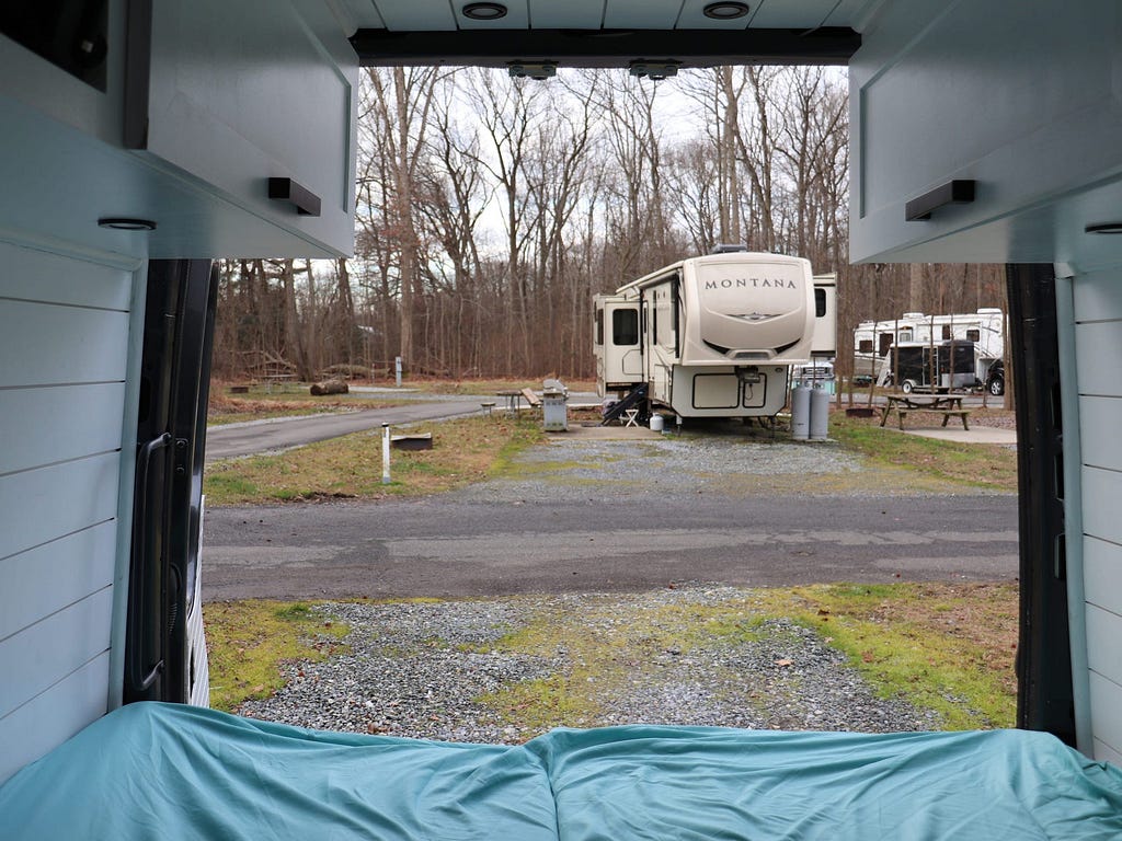 The view of a camper from inside the van.