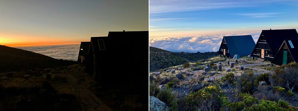 Two side-by-side images showing sunrise over the clouds below from Horombo Huts on Mount Kilimanjaro. The left image shows the dark silhouette of the huts at first daybreak, and the right image shows the huts and wildflowers in the foreground with clouds and sunrise in the background.