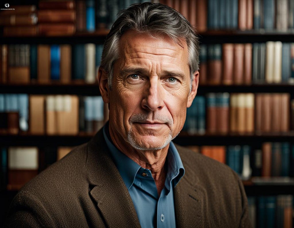 Handsome older man looking serious, with blurred library image background