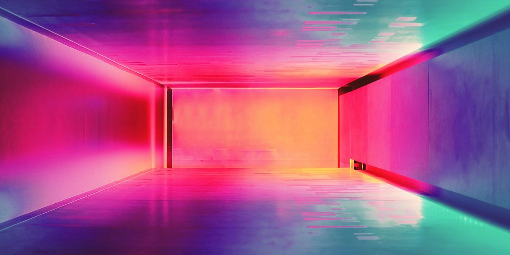 Abstract photo of portal-like space illuminated in rainbow hues