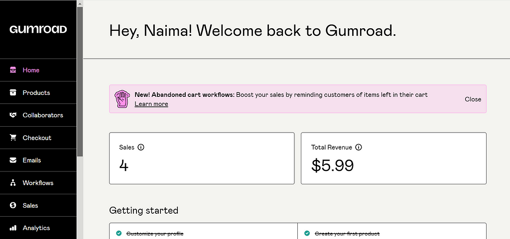 Homepage for a gumroad account