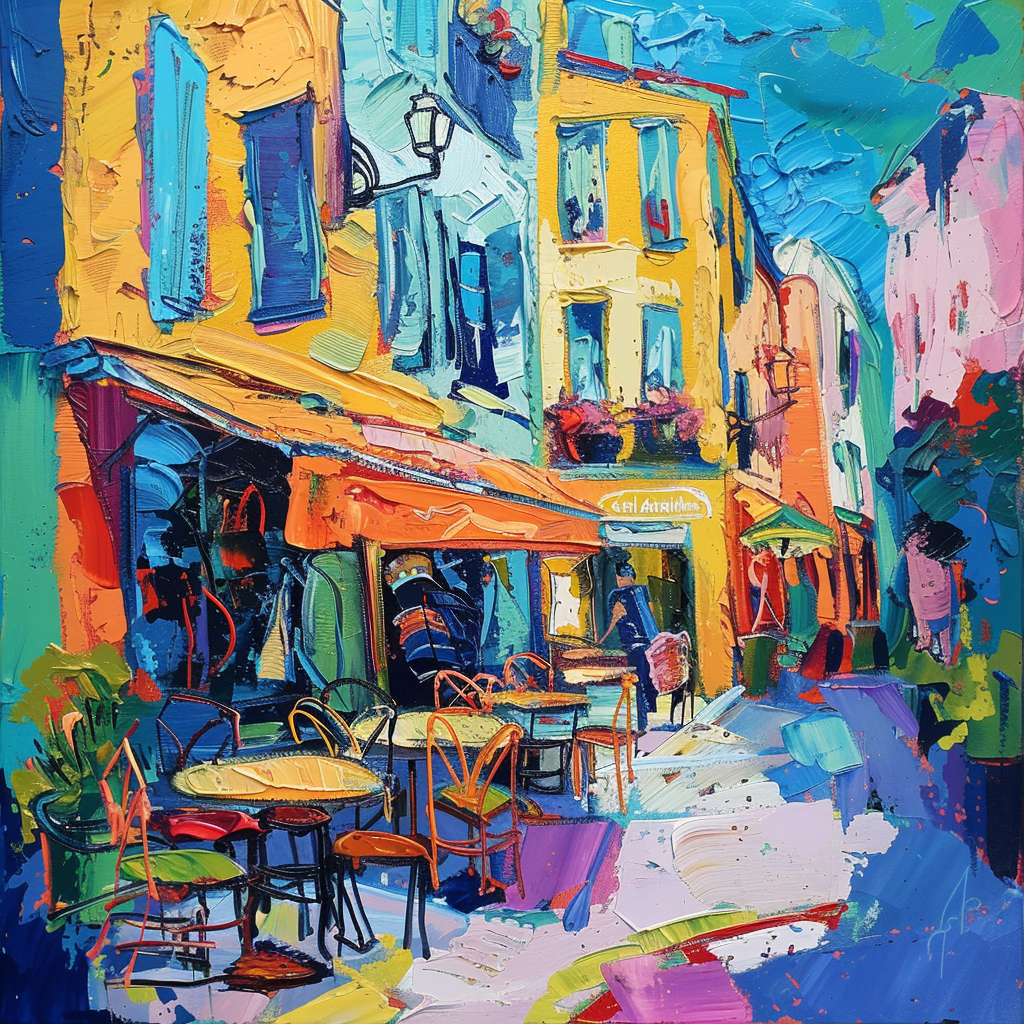 Fauvism coffee shops, street, outside, vibrant