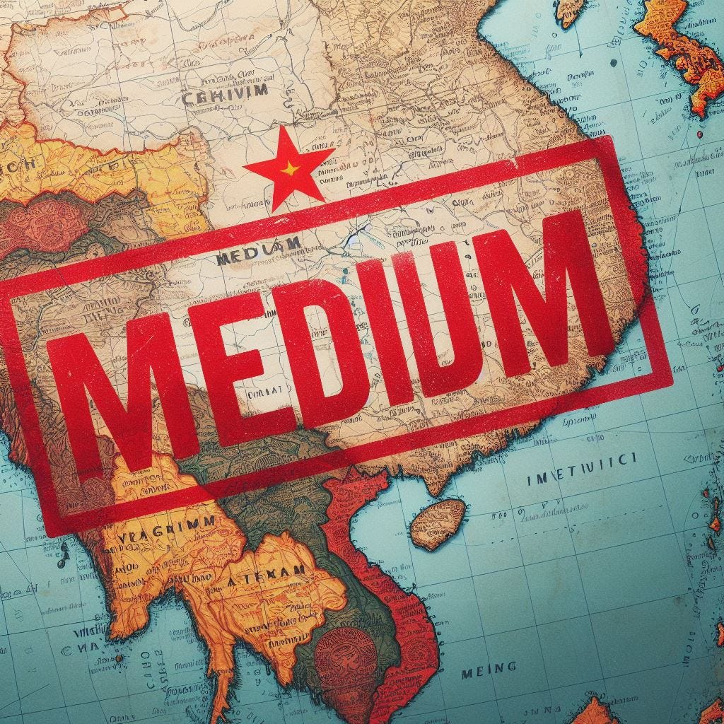 Word “Medium” stamped in red over Vietnam and China — From Bing AI