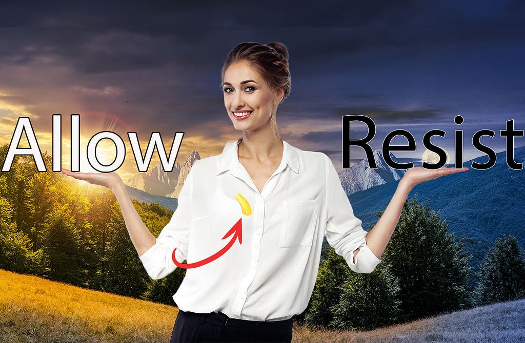 Woman with a large mustard stain on her white blouse. Both arms are out to her sides with palms up. On her right hand is the word “Allow” with a sun behind it. On her left hand is the word “Resist” with the moon behind it.