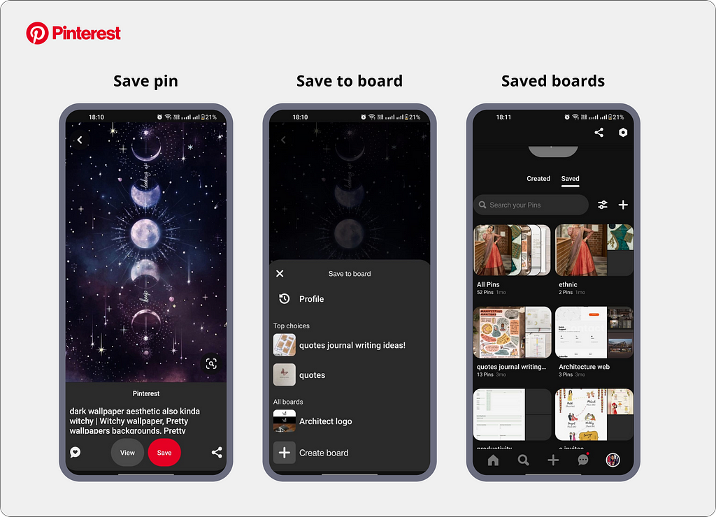 pinterest screens showing save and boards feature UI