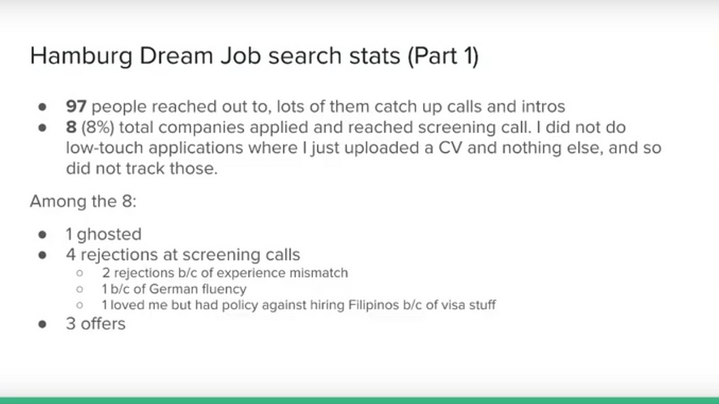 Screenshot of Chiara’s slide that breaks down the number of people she reached out to (97), the number of warm leads she applied to (8), and the number of job offers she got at the end of the process (3).