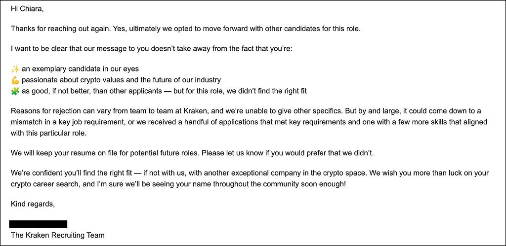 Email received from the Kraken Recruiting Team when asking for feedback about the rejection