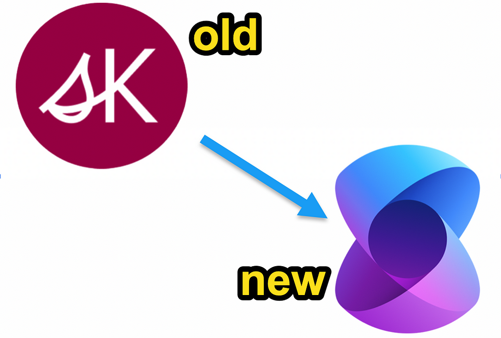 The old Semantic Kernel (SK) logo is in the upper left corner. An arrow leads to the new SK logo. To see in the lower right corner.