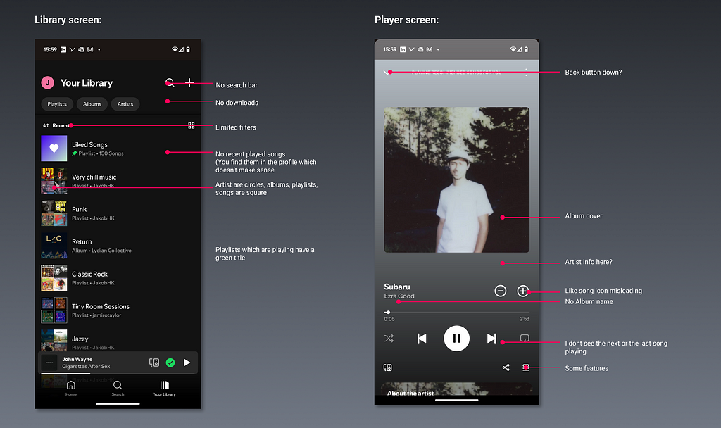 Library and Player screen analysis.