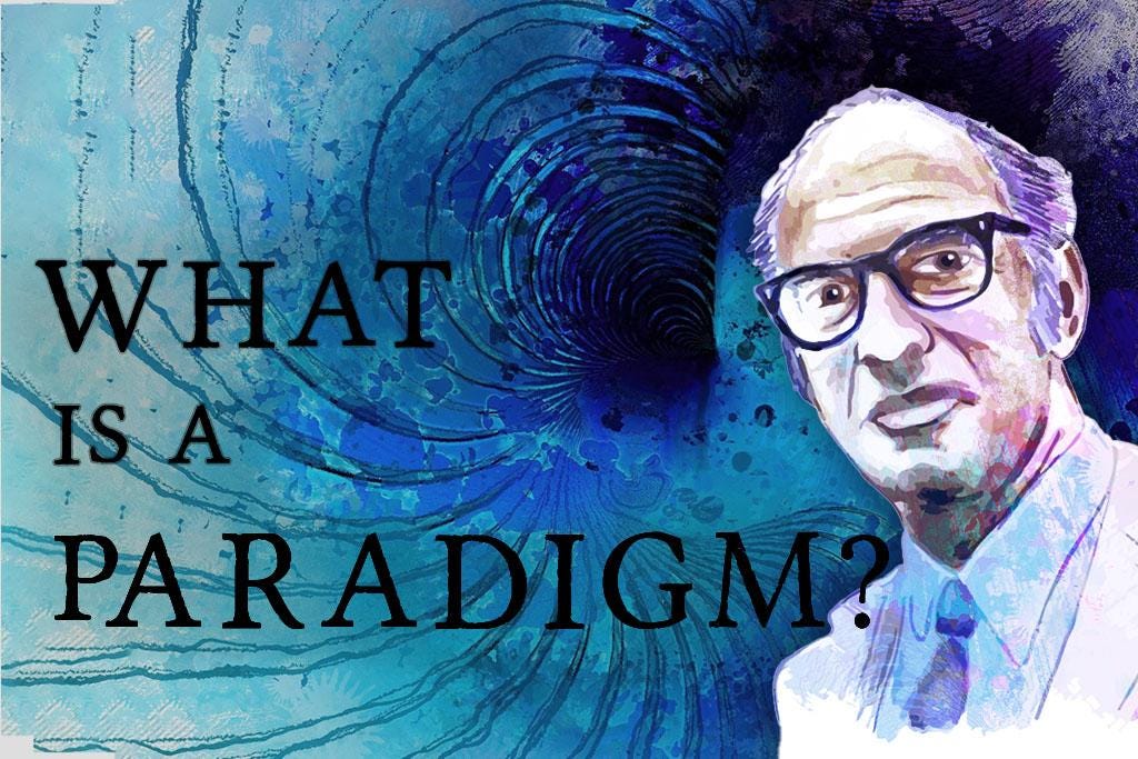 Portrait of Thomas Kuhn; A man with glasses standing in front of an abstract spiral background with the words ‘What is a Paradigm?’ on it