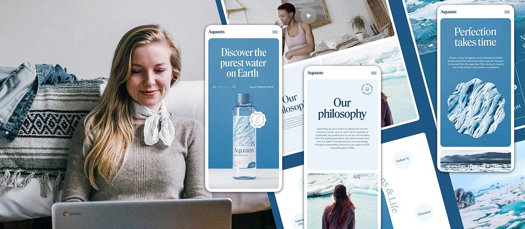 A woman using a website and mobile app for a bottled water.