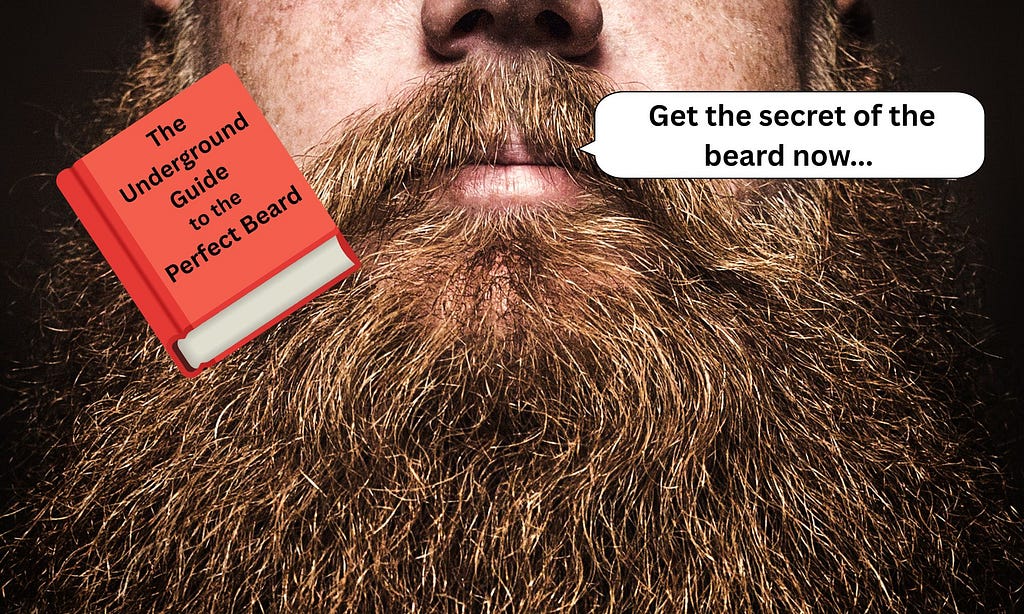 Man with giant bushy beard tells people to get the secret of the beard, while book titled The Underground Guide to the Perfect Beard features in foreground.