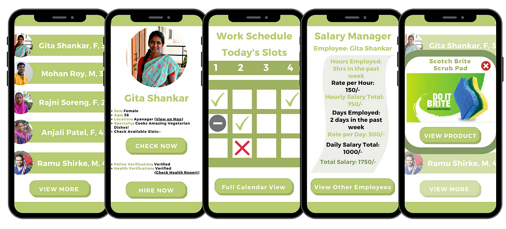 App Interface Designs for showcasing probable designs for the Employees’ List, Employee Profile, Work Scheduler, Salary Calculator and Referral Marketing.