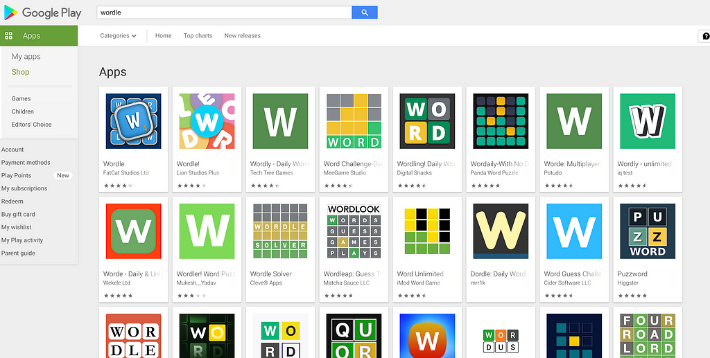 Screenshot of Wordle clones on the Google Play store