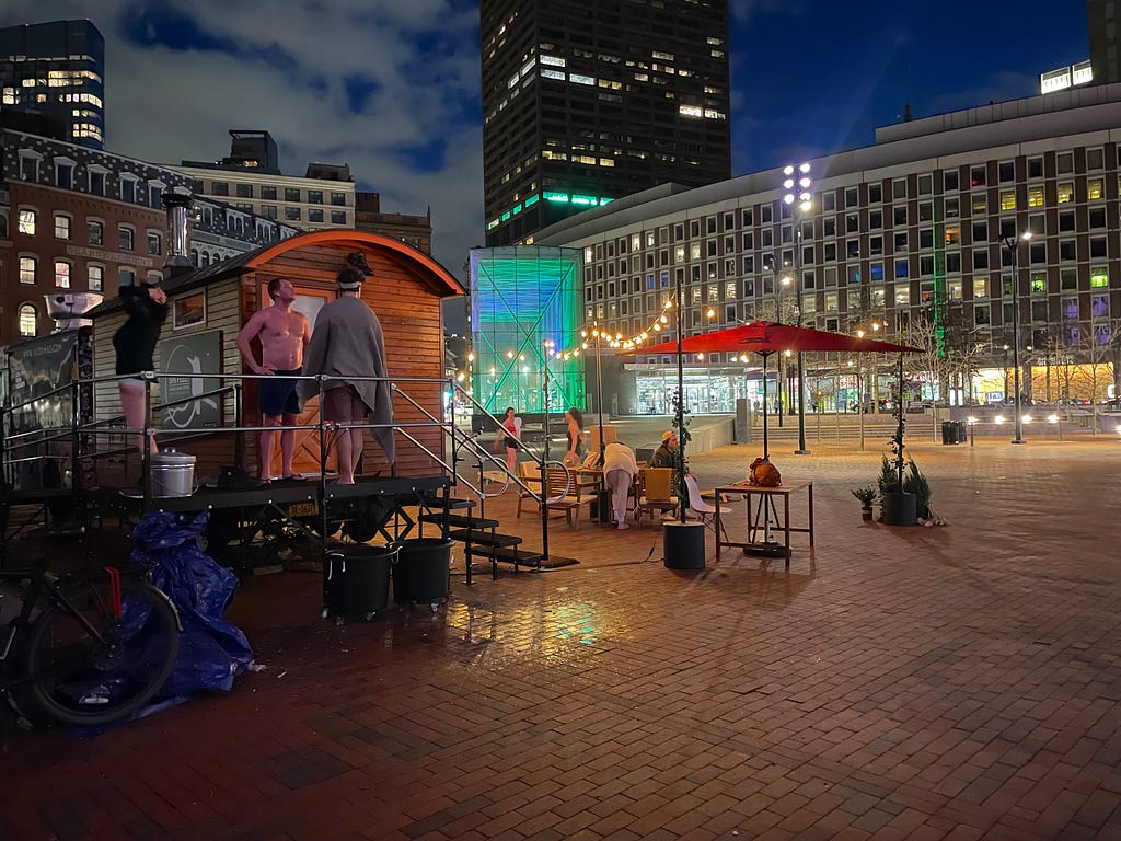Visitors at our mobile pop-up, the Winter City Sauna, on Boston’s City Hall Plaza.