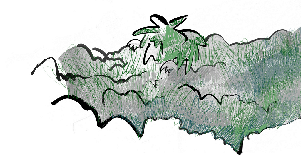 Think Bigger pokes their head above a mountain landscape, taking a birds-eye view of the trees below. Similar the style of the header image, it’s a line drawing with a bold, sketchy style.
