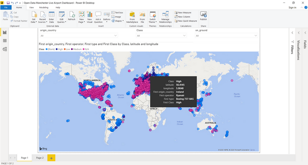 The Live Dashboard in Power BI. It shows a map of the word with various dots representaion planes, colour coded.