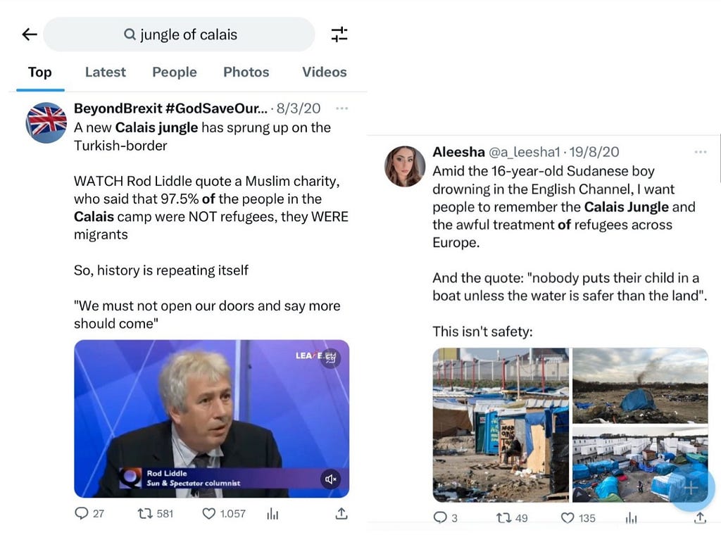 The research was done on 11/10/2023 on the social media “X” for the “Jungle of Calais” topic and what came up were posts from ages ago. In the screenshots, you can see the previous posts: BeyondBrexit #GodSaveOurQueen @BrexitBrit A new Calais jungle has sprung up on the Turkish-border WATCH Rod Liddle quote a Muslim charity, who said that 97.5% of the people in the Calais camp were NOT refugees, they WERE migrants So, history is repeating itself “We must not open our doors and say more should come”
