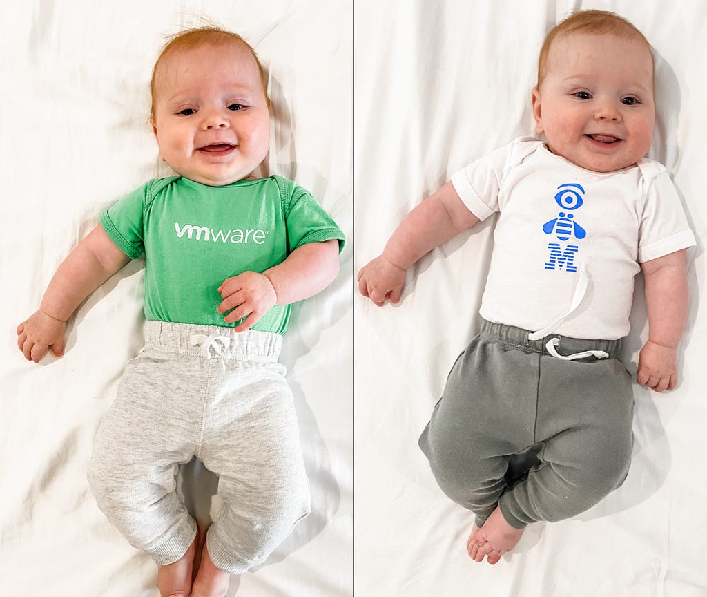 My son at 5 months old wearing our company logos