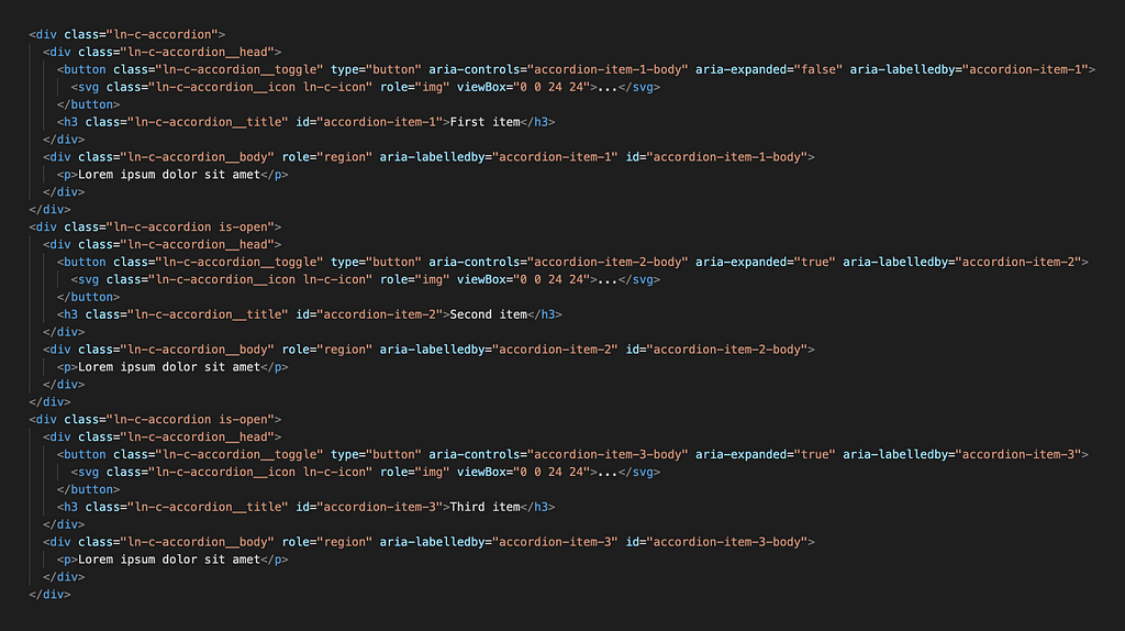 Large code block detailing the SVGs, semantic tags and aria attributes required to make an accessible accordion