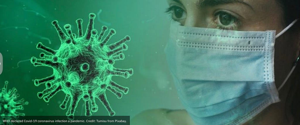 An enlarged picture of a green-colored spiked coronavirus that seems to float in the air, right before the sad eyes of a person wearing a white and blue medical face mask