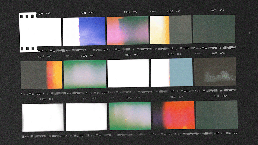 A film strip with colorful abstract images, including blues, greens, and reds, with grainy textures. The tone is artistic and experimental.