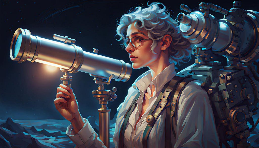 Scientist in moonlight with telescope head and shoulders portrait
