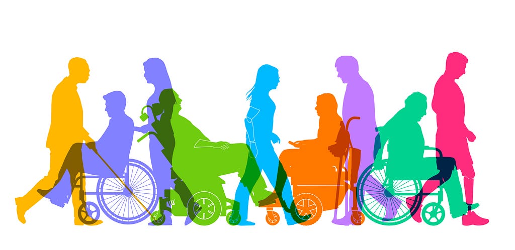 An illustration that depicts a group of people with different disabilities, including visual and motor.