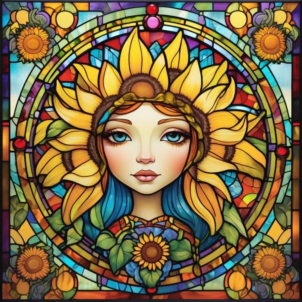 Goddess of Sunflowers Illuminated in Stained Glass — AI Image Prompt for Stable Diffusion XL/SDXL