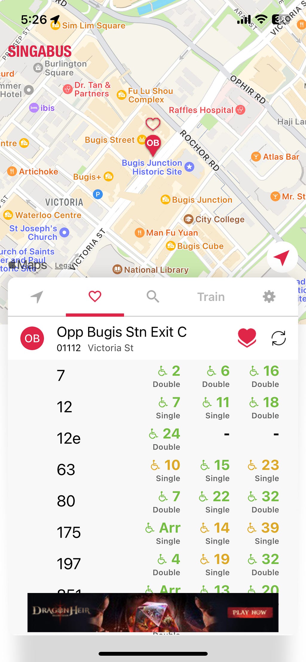 Screenshot of the Singabus app that displays real time bus arrival times.