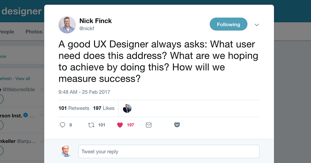 A tweet by Nick Fink about what a good designer would ask when designing products.