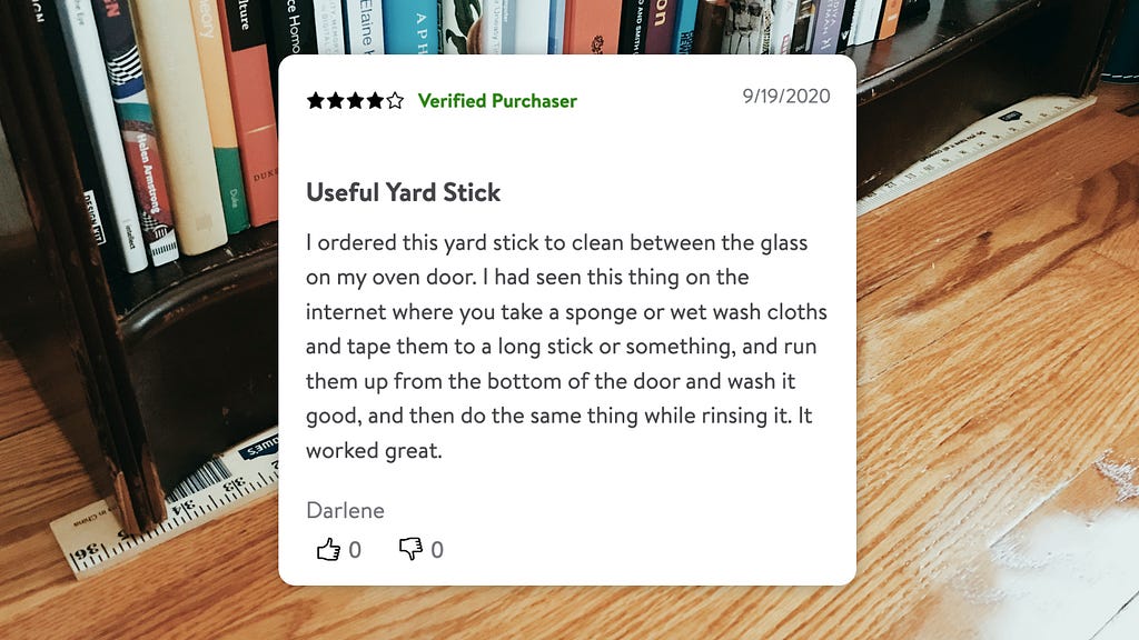 Online review talking about how yardsticks can be used to clean in between the glass in oven doors