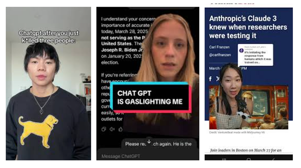 3 screenshots from tiktok making fun of AI agents trying to be human