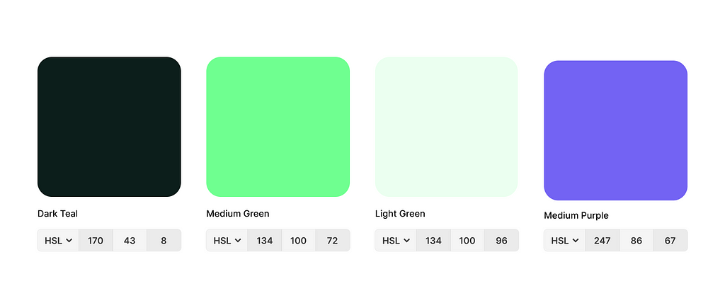 Four color swatches and their label HSL color values for dark teal, medium green, light green, and medium purple.