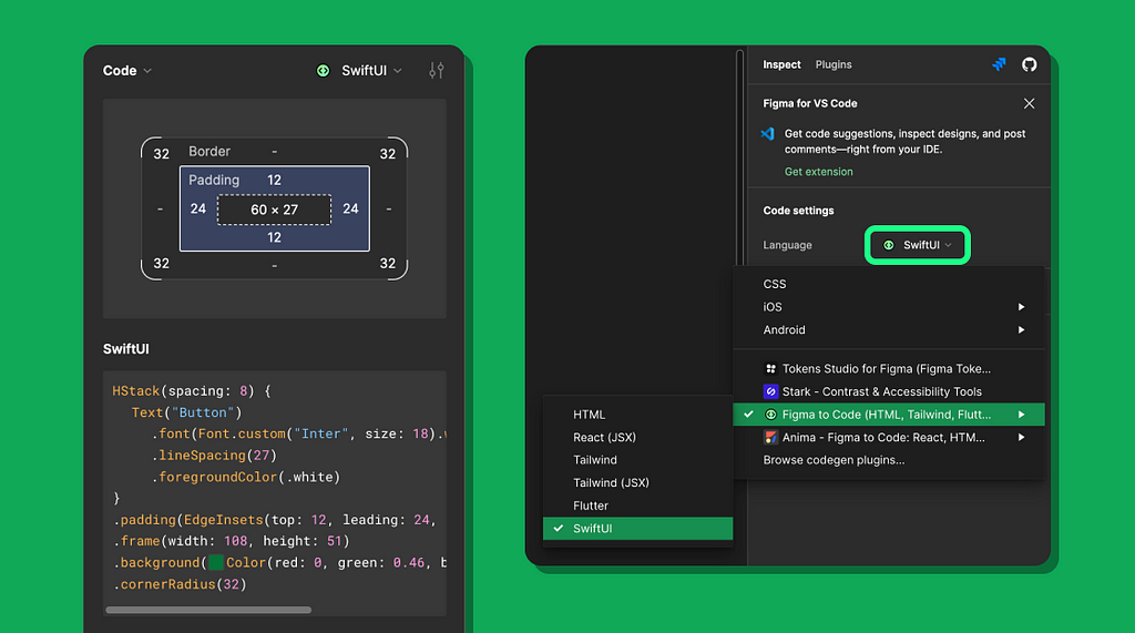 Code snippets and language option displayed in Figma.