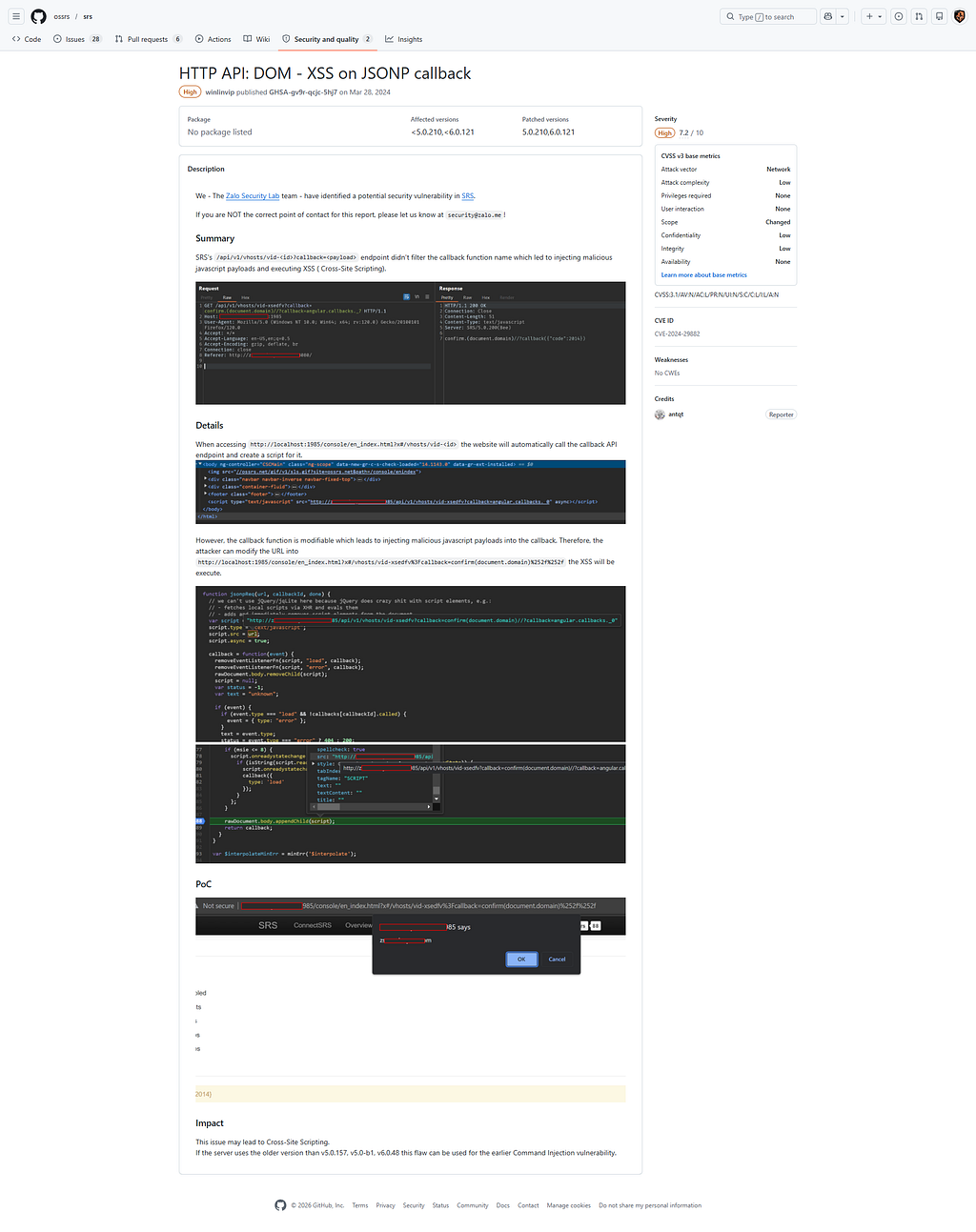 https://github.com/ossrs/srs/security/advisories/GHSA-gv9r-qcjc-5hj7