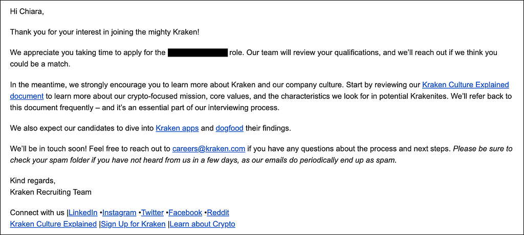 Email received from the Kraken Recruiting Team immediately after I submitted my application