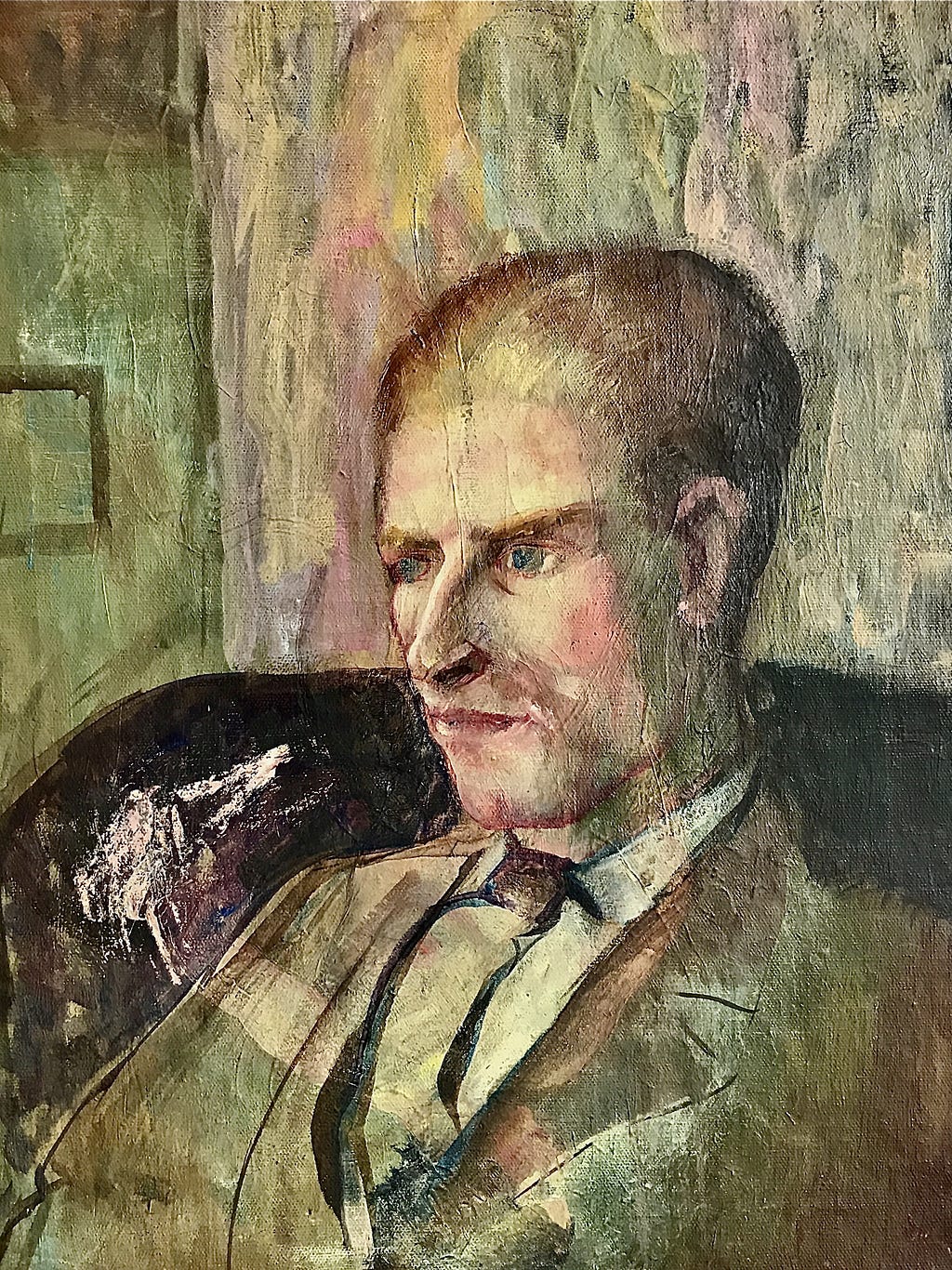 Mixed media primitive painting of an older man sitting in a lounge chair staring intently with a contemplative expression