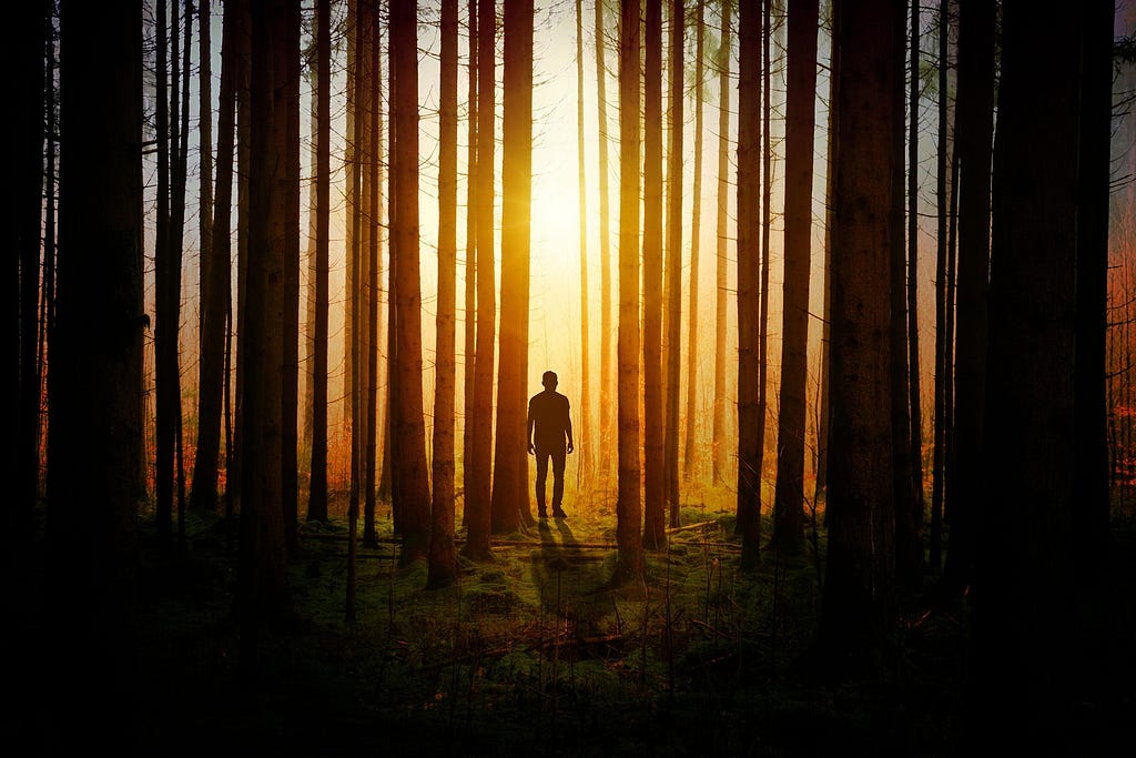 Man walking out of a dark forest into sunlight.