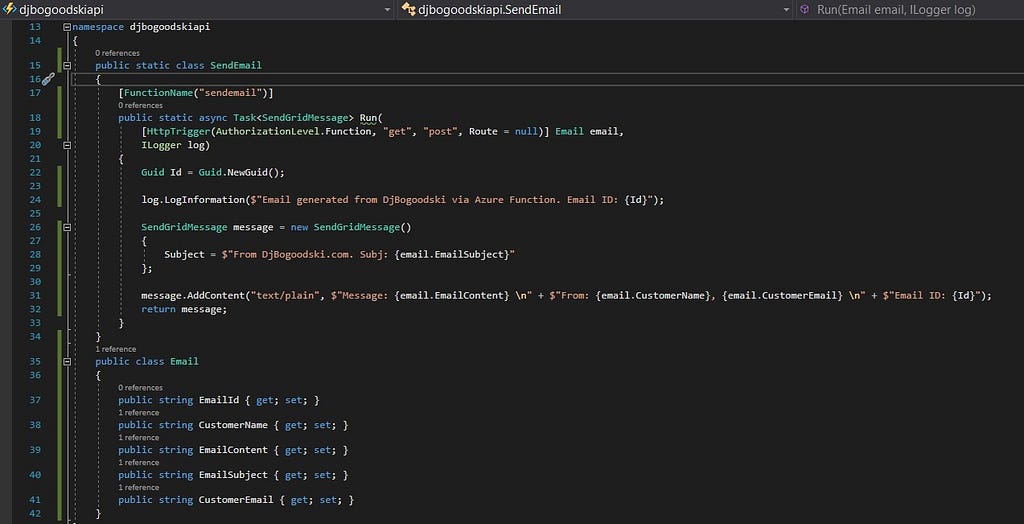 Azure Function from HTTP Trigger template, in Visual Studio.