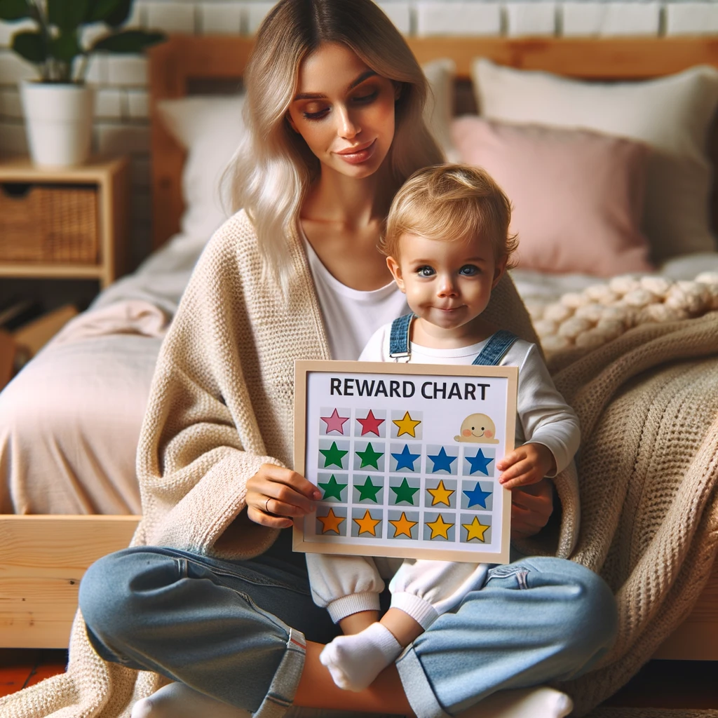 Warm bonding moment of a mother and toddler on a bed, emphasizing positive bedtime associations with a reward chart