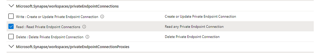 Screenshot showing which two permissions need to be removed from a role in order to block creation of Private Endpoints