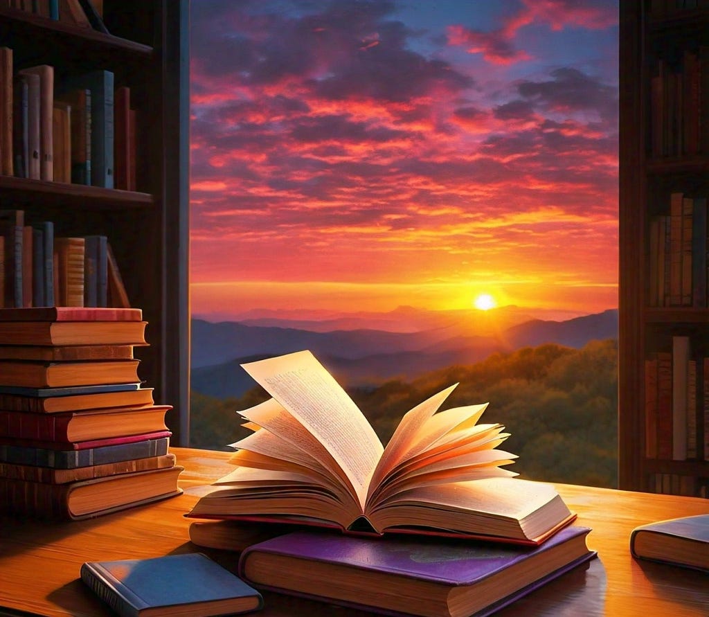 Reading for Brain Sharpness. books and sunrise.