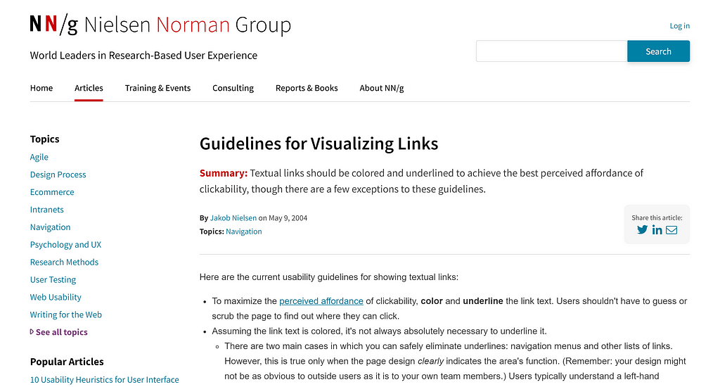 Website of Nielsen Norman Group, titled guidelines for visualizing links