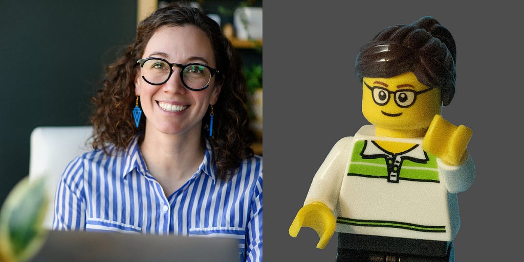 Deann Garcia headshot and her LEGO look-alike