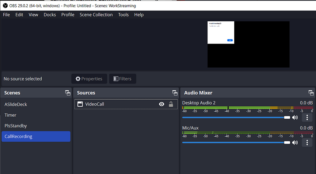 Screenshot of OBS showing the callcapture window and Audio Mixer