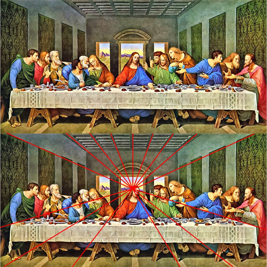 Pintura A Última Ceia de Leonardo da Vinci, onde temos uma mesa larga com os apóstolos ao redor e Jesus no centro.