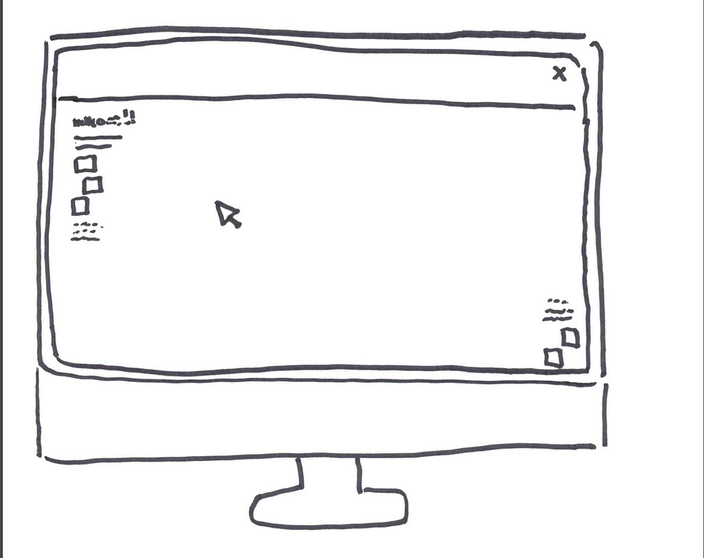 A drawing of a portfolio homepage with too much white space and a non-intuitive layout that makes it difficult to navigate.