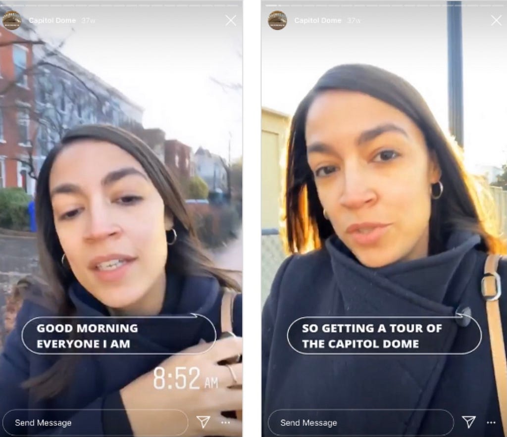 Screenshots of Alexandria Ocasio-Cortez speaking on her Instagram stories with captions shown.