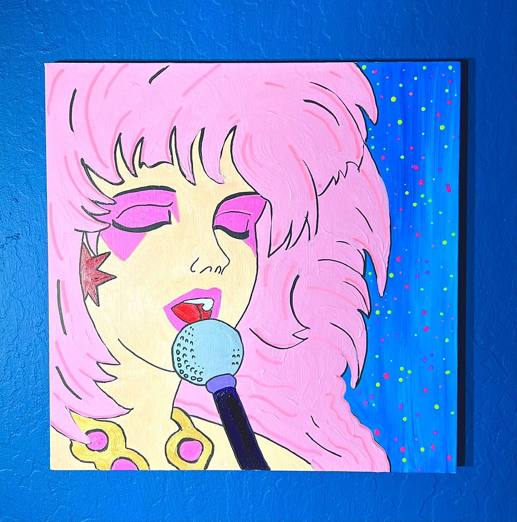 Acrylic painting of a white woman with pink hair and red star earrings, her eyes closed, singing into a microphone.